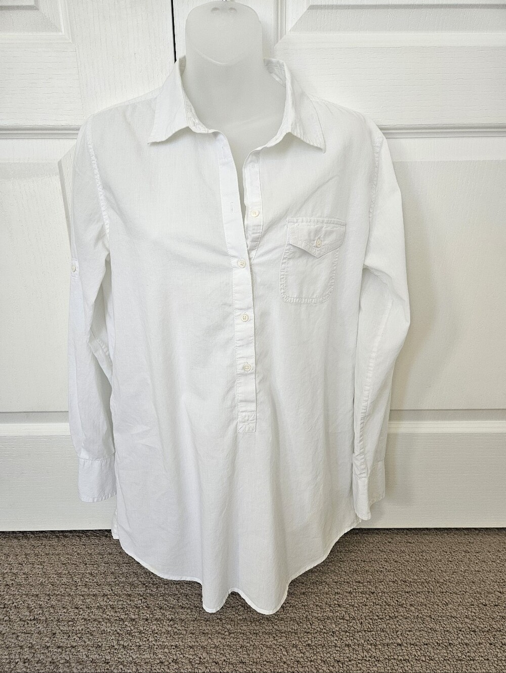 J. Crew White Casual Button-Down Shirt , Long Sleeves With Roll Tab Option